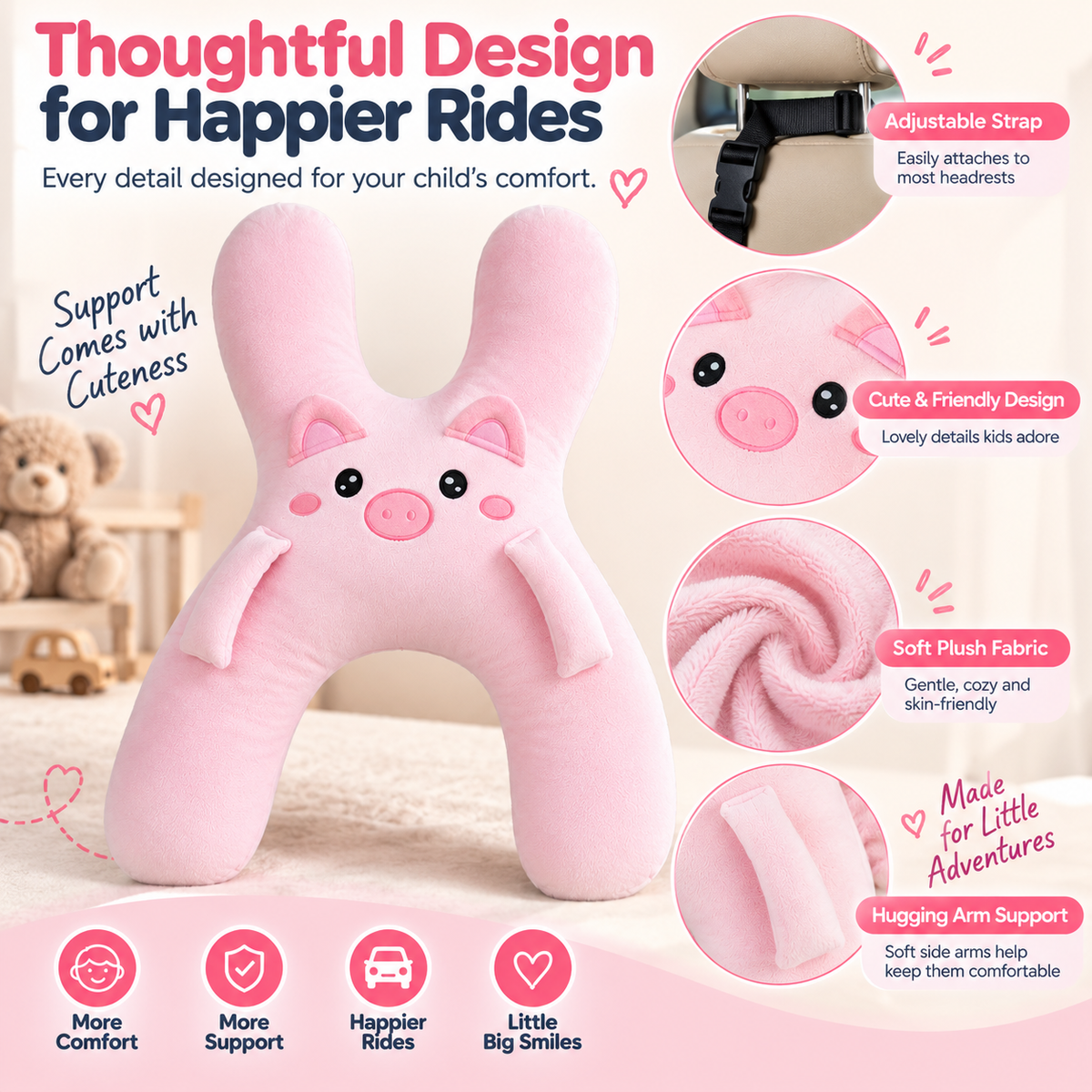 🐷 Kids Car Travel Hug Pillow – Soft H-Shaped Nap Companion for Road Trips 🚗💤