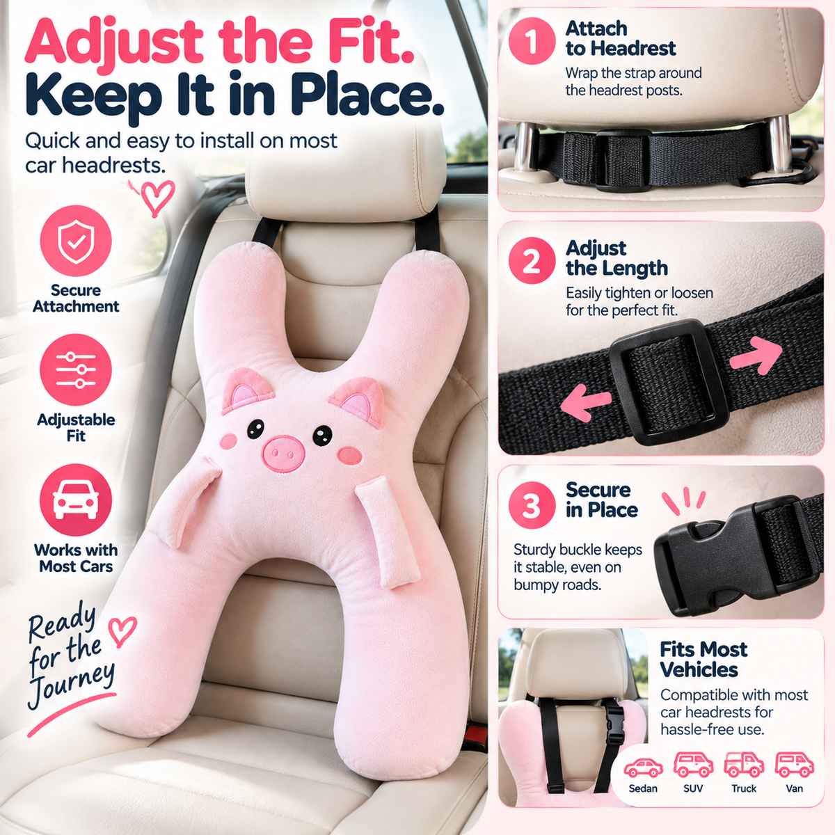 🐷 Kids Car Travel Hug Pillow – Soft H-Shaped Nap Companion for Road Trips 🚗💤