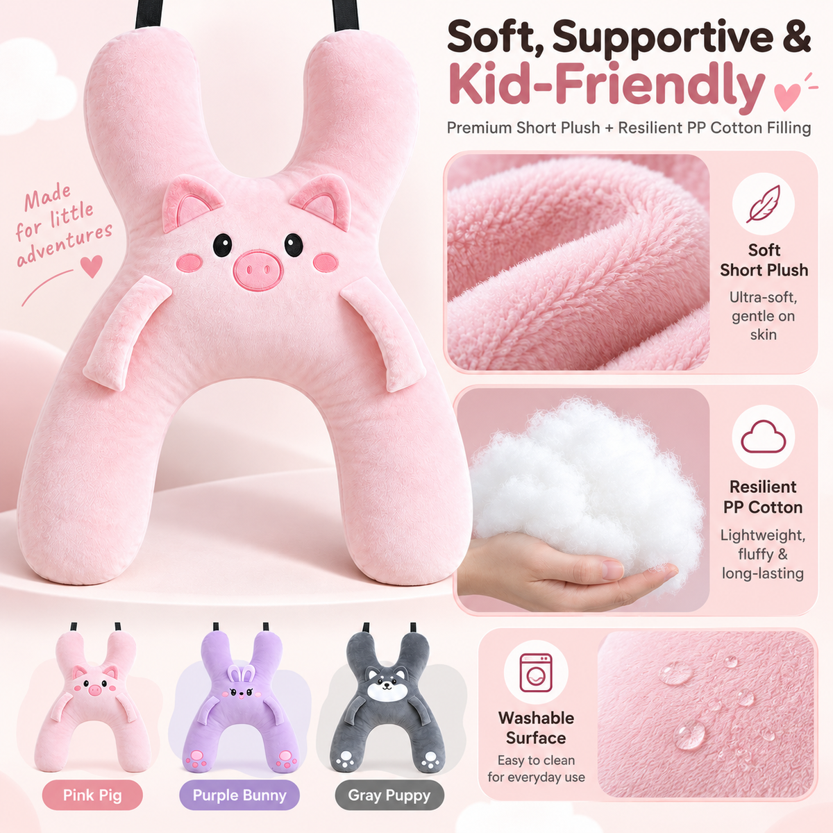 🐷 Kids Car Travel Hug Pillow – Soft H-Shaped Nap Companion for Road Trips 🚗💤