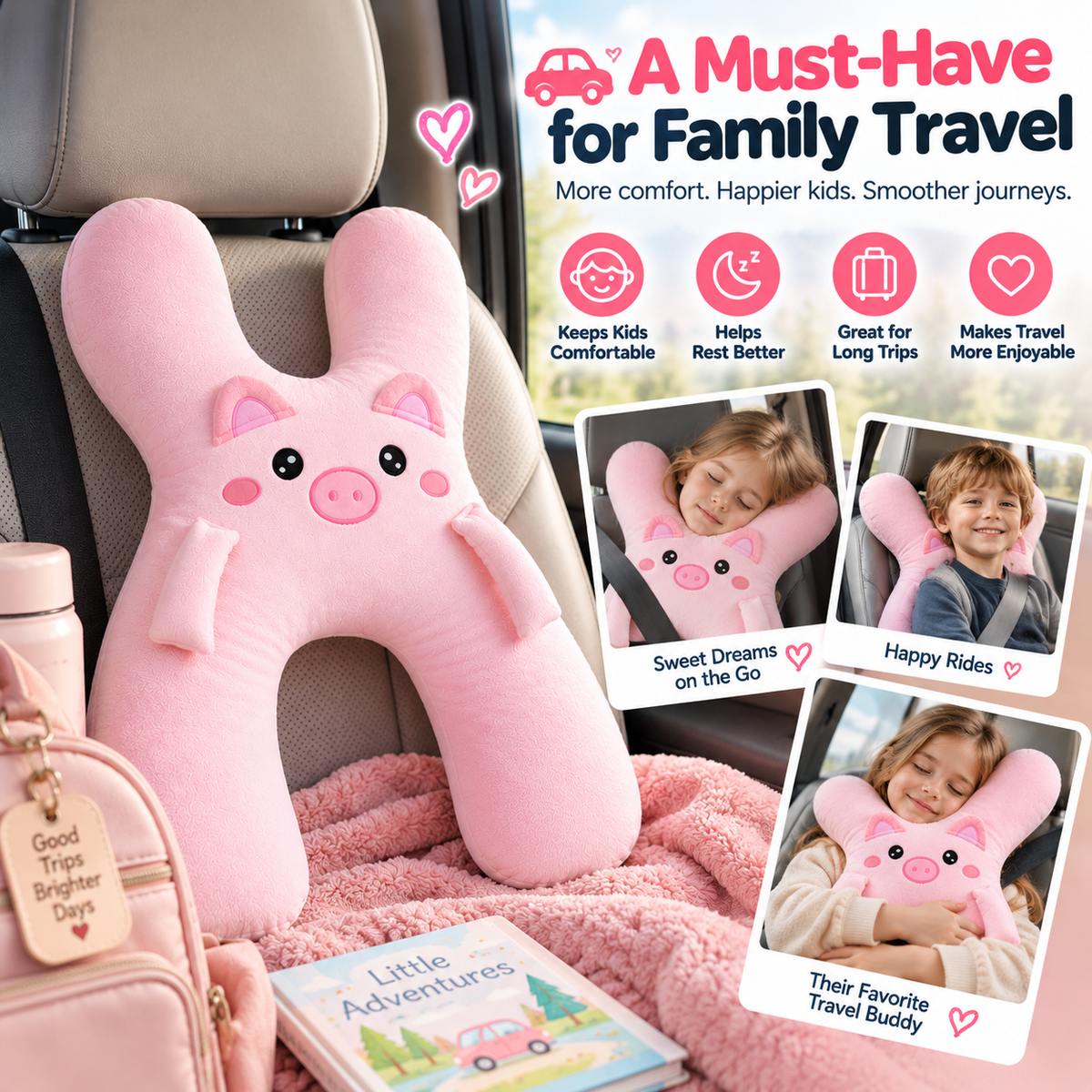 🐷 Kids Car Travel Hug Pillow – Soft H-Shaped Nap Companion for Road Trips 🚗💤