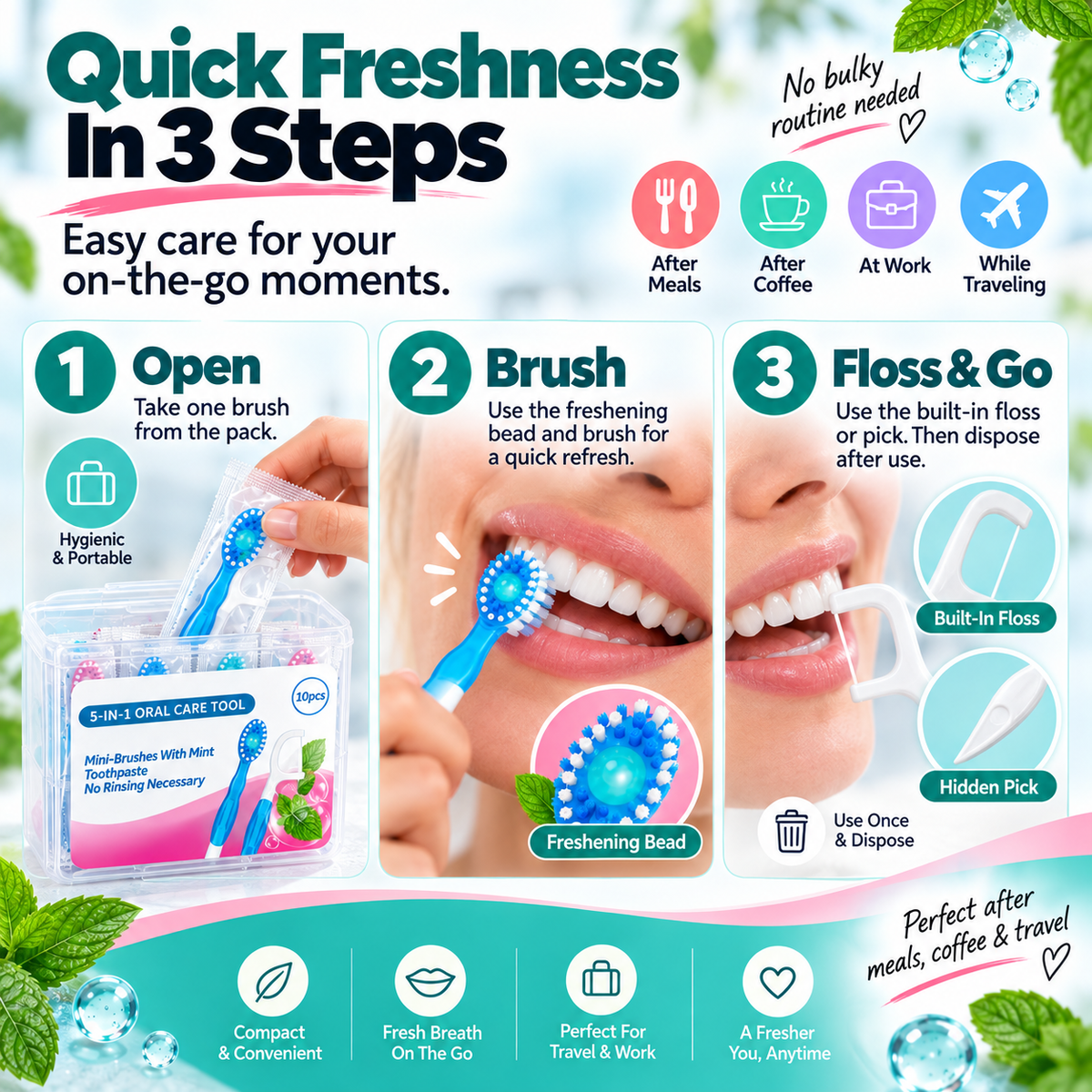 ✨ 5-in-1 Portable Oral Care Brush – Freshen Up Anytime, Anywhere