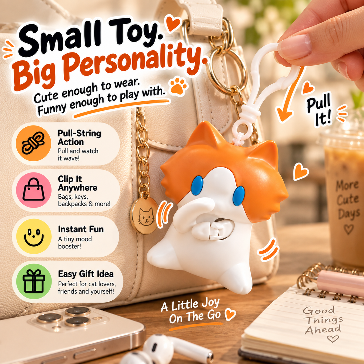 🐱Pull-String Cat Keychain Toy – Funny Bag Charm & Gift for Cat Lovers
