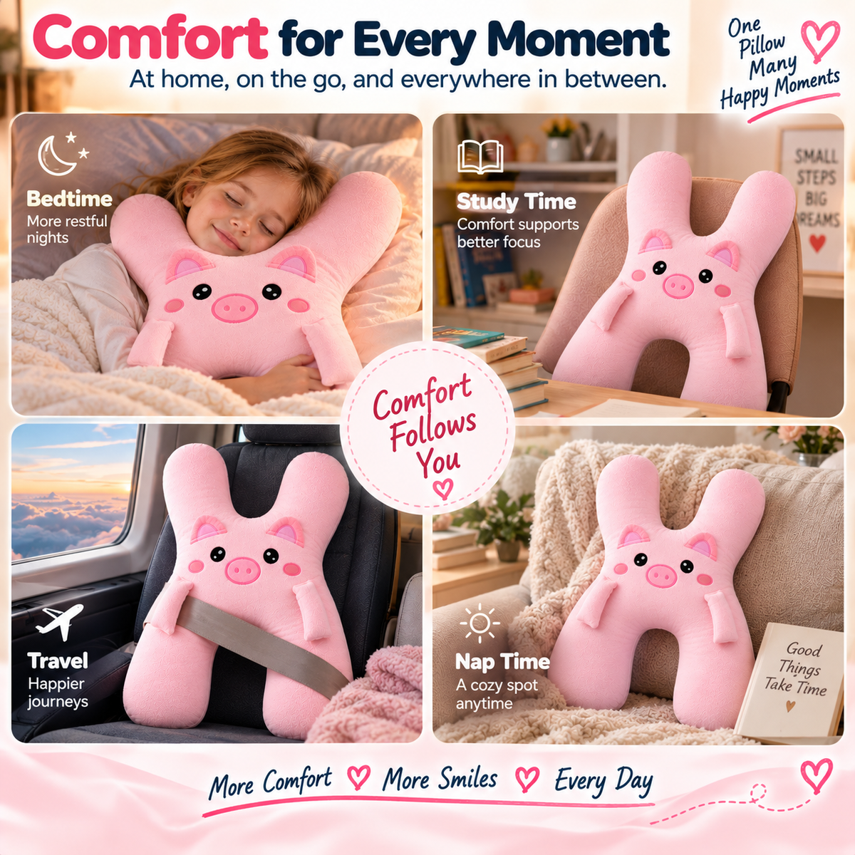🐷 Kids Car Travel Hug Pillow – Soft H-Shaped Nap Companion for Road Trips 🚗💤